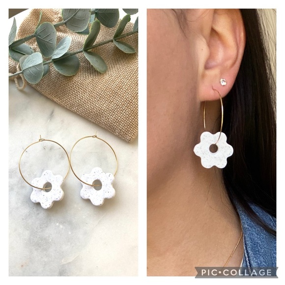 Polymer Clay Dainty Flower Gold Hoops - Picture 1 of 5